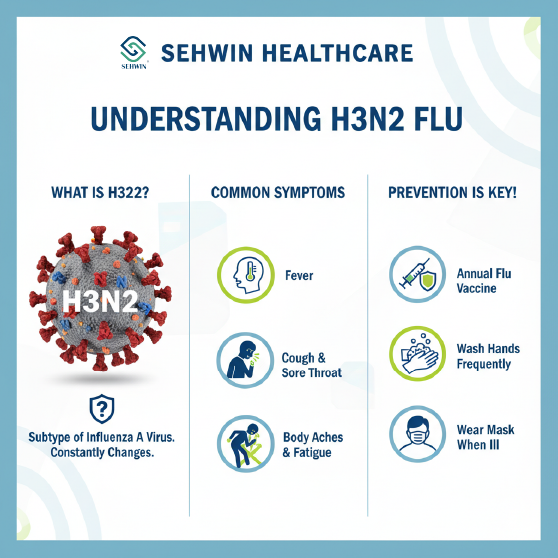 Infographic detailing H3N2 Flu virus, common symptoms (Fever, Cough, Body Aches), and prevention methods (Vaccine, Hand Washing, Mask) from Sehwin Healthcare.